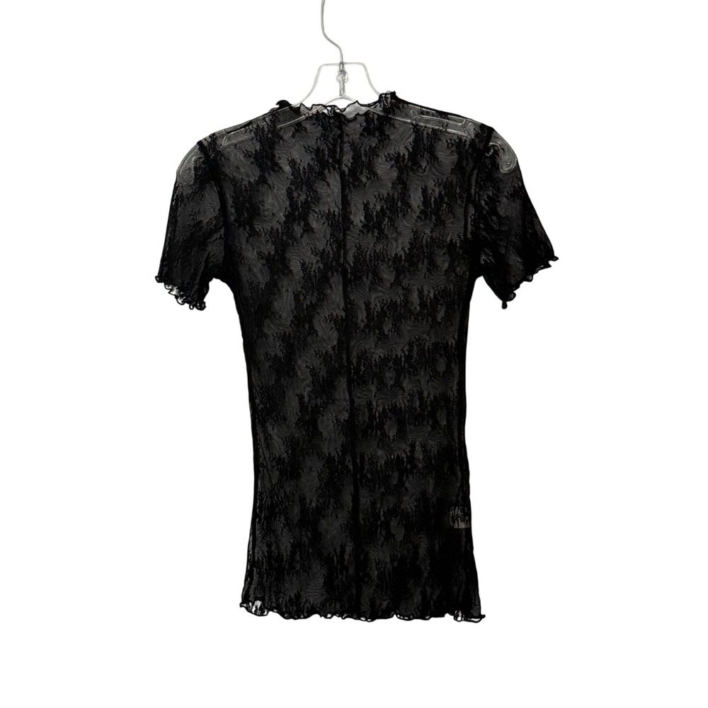 Lace Mesh Top Black Sheer Short Sleeve Lettuce Hem High Neck Whimsigoth - Medium